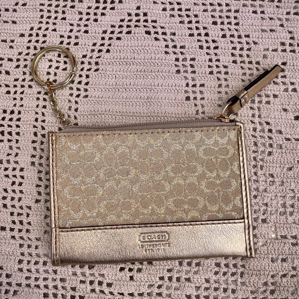 Coach Signature Metallic Gold Card Holder Coin Purse or Bag Charm / Keychain EUC